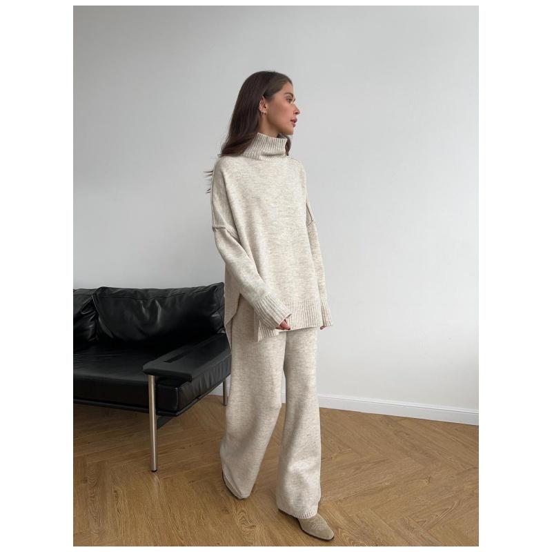 

Европейские товары 2025 осень и зима новый тонкий вязаный костюм женский утолщенный свободный свитер с высоким воротником широкие брюки комплект из двух предметов модный L хаки