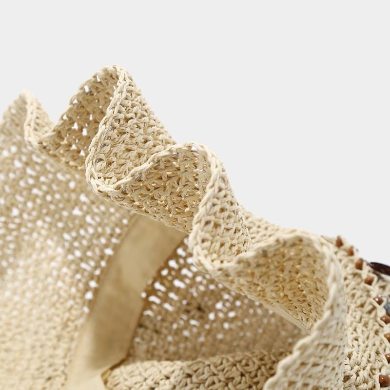 Elegant Hand Crocheted Paper Straw Sun Hat Women Breathable Wide Border Beach Hat Summer Outdoor Travel Accessory