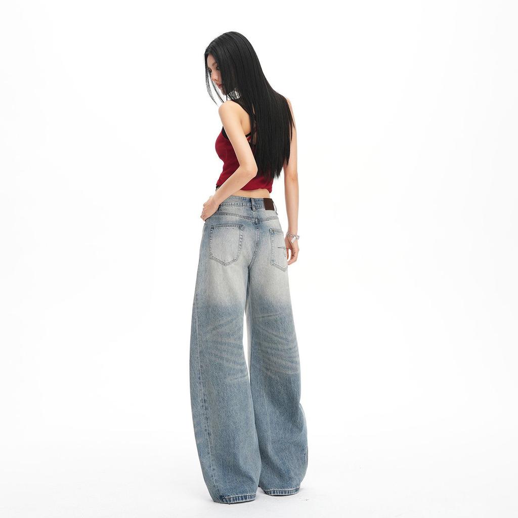 Spring Summer Vintage Wash Small Saber Lazy Floor Relaxed Denim Pants For Ladies Casual Pants Oversize Denim Trousers