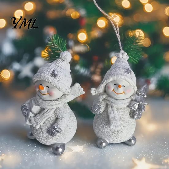 Cute Snowman Statue Gifts 2Pcs Christmas Figurine, Tabletop Decor, Resin Snow with Tree Ornaments Knit Hat Scarf for Home Mantel Window Holiday