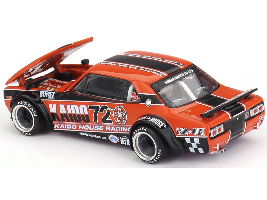 MINI GT Skyline RHD Racing V1 Orange mit Schwarzen Streifen und Grafiken Jun Kaido House Spezial Maßstab Druckguss Modellauto KHMG195 2000GT-R (KPGC10)