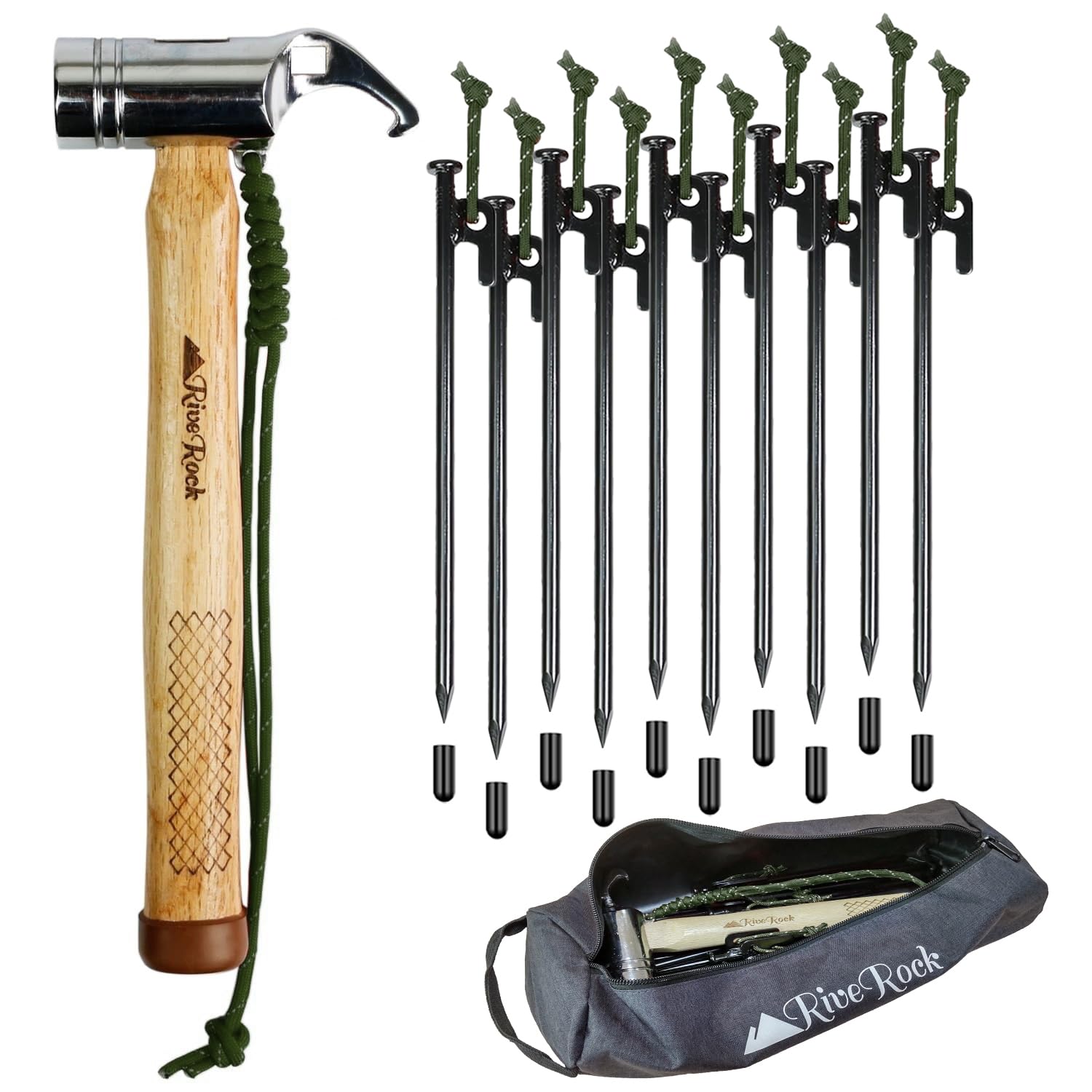 

Сумка для хранения молотка RiveRock Peg Hammer со светящейся веревкой и прочной конструкцией палатки. (Hammer10 Стальные колышкиСумка для храненияТемно-зеленый)