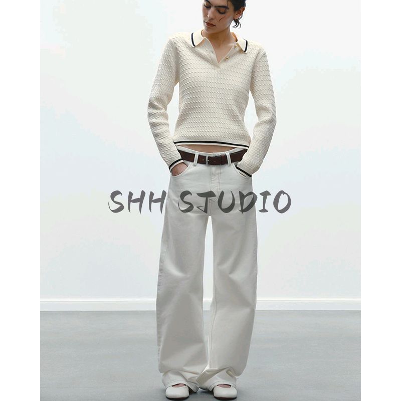 Spring New Women's Clothing Preppy Style Contrast Color Trim Minimalist Long Sleeve Polo Shirt Collar Sweater 6771055