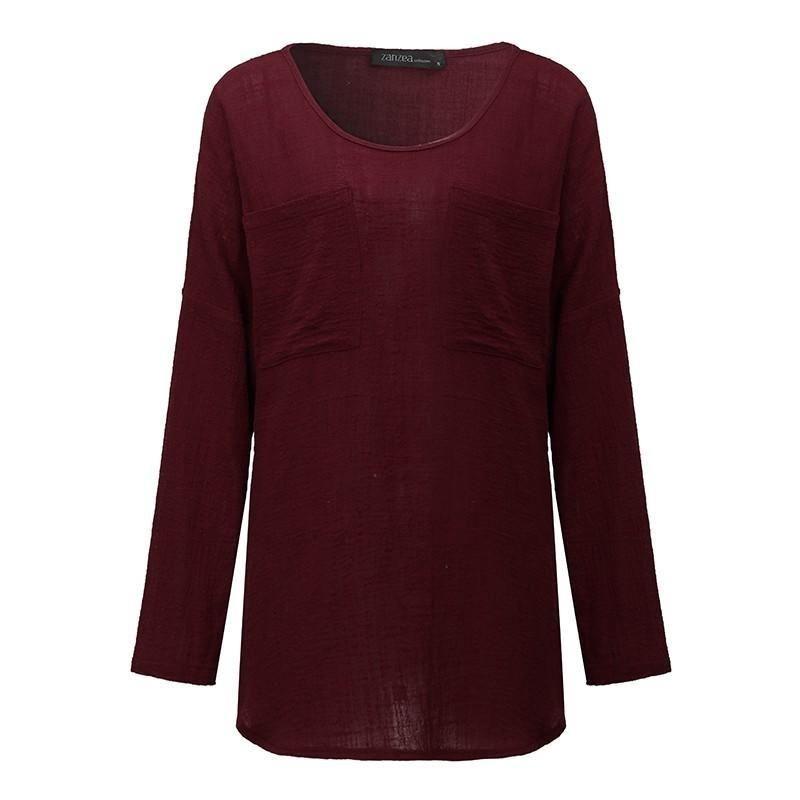 Camicetta da Donna Oversize in Cotone e Lino a Manica Lunga con Vestibilità Casual e Tasche Frontali