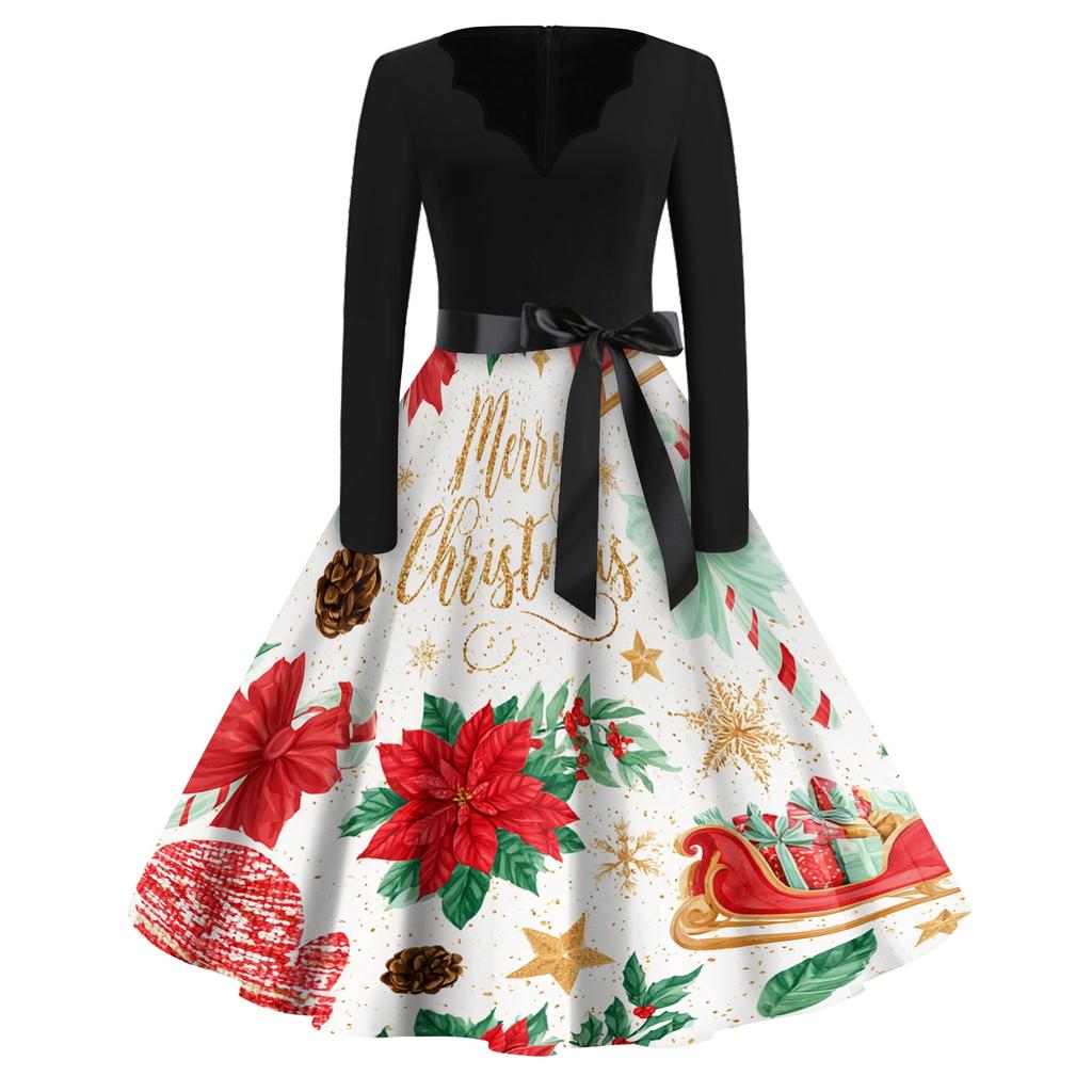 Women's Retro V-Neck Christmas Dress with Snowflake and Christmas Tree Print, Vintage A-Line Dress for Holiday Party