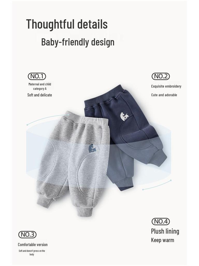 Boys' Fleece-Lined Velvet Sweatpants: Thin, Autumn/Winter Outdoor Wear, Year of the Horse Design.