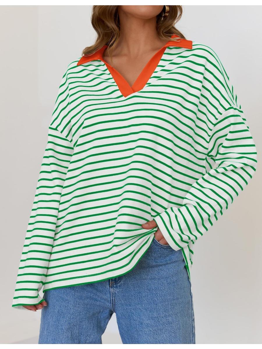 Женская осенняя полосатая футболка свободного покроя с длинными рукавами и V-образным — фото 8