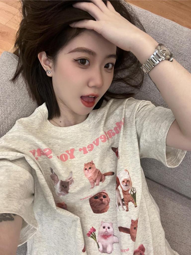 Plus Size Cotton Cartoon T-Shirt - Women's Trendy Short Sleeve Straight Shoulder Top