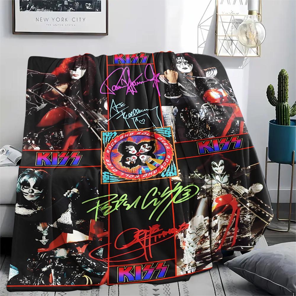 1Pc Rock Kiss Band Print Flannel Blanket, High Quality Comfortable for All Seasons, Home Decor, Warmth and Comfort, Perfect for Christmas Gifts