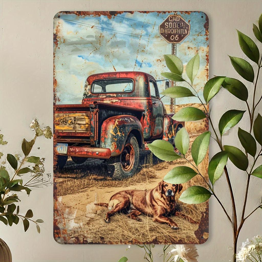 Vintage Truck and Dog Metal Tin Sign, Rustic Farmhouse Wall Art Decor, Gym Bar Cafe Garage Iron Art, Restaurant Home Forest Gard