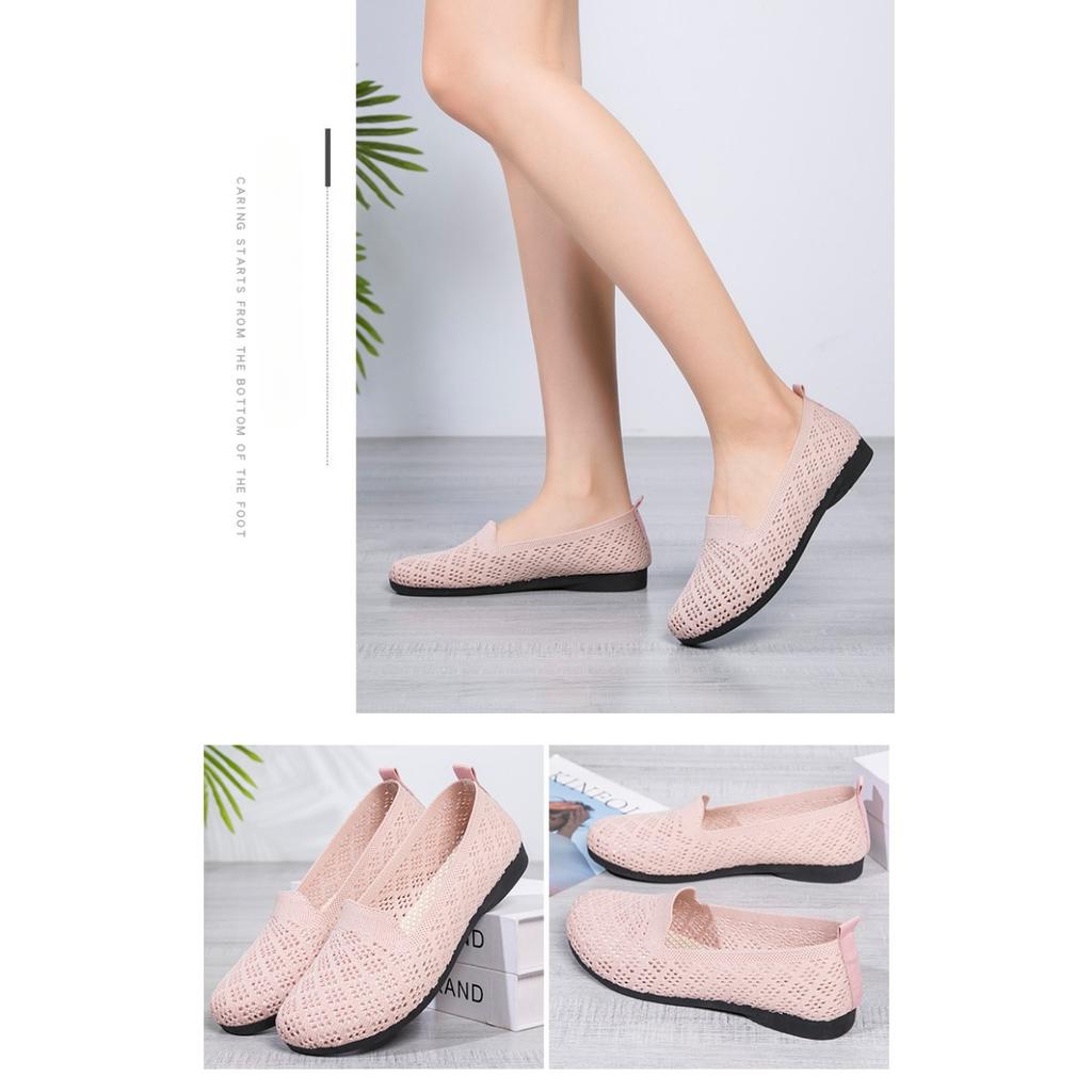 Sommer Neu Weiche Sohle Weiche Oberfläche Modisch Lässig Mesh Fly Woven Atmungsaktiv Bohnenschuhe Hohl Flacher Mund Flache Sohle Einzelner Schuh für Damen