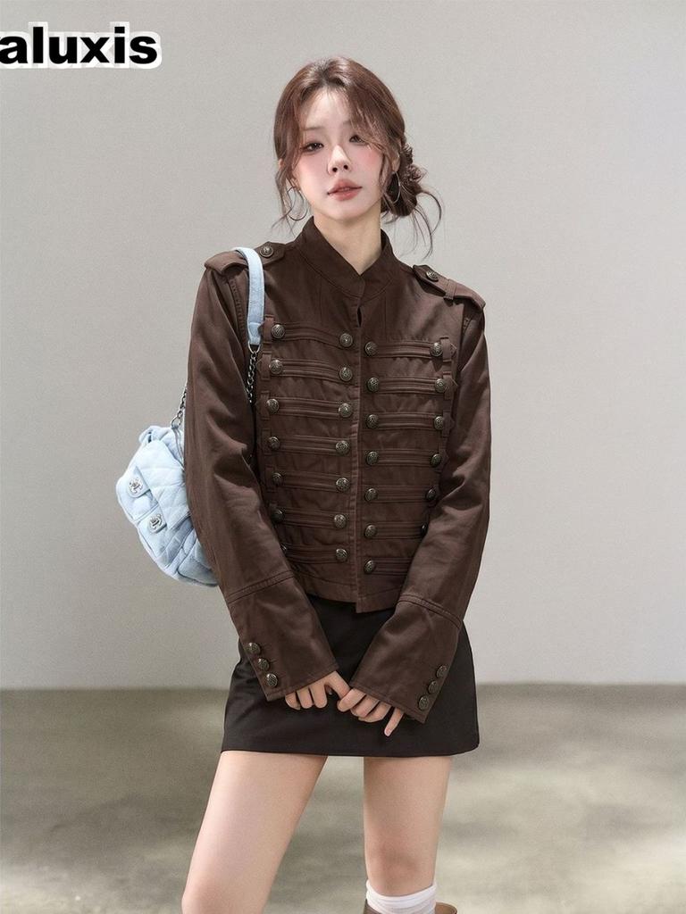 Napoleon Windbreaker Green Denim Short Jacket - Subculture American Style Stand-Collar Spread Collar Reworked