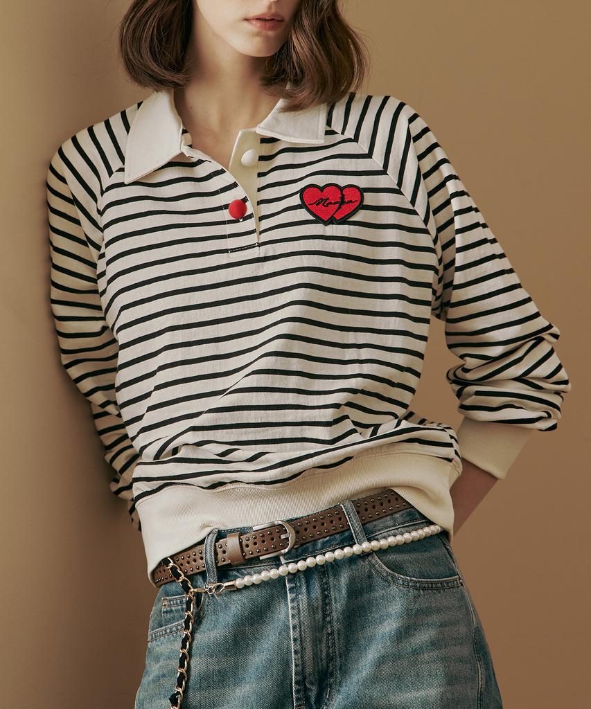 MAXZA Heart Wappen Shirt Collar Striped T-Shirt