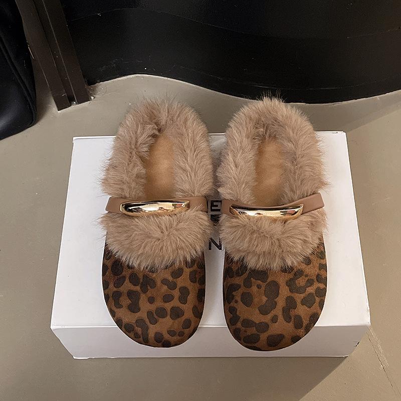 

Французский темперамент вечерний бриз плоский каблук хлопок тапочки девушка бархат 2025 осень и зима новый фея пух уличная одежда Мэри Джейн тапочки 40 леопардовый