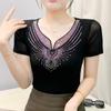 Summer Sexy V-Neck Short Sleeved Women's T-Shirt Fashion Shiny Hot Diamonds Mesh Tees Female All Match Casual Tops Blusas