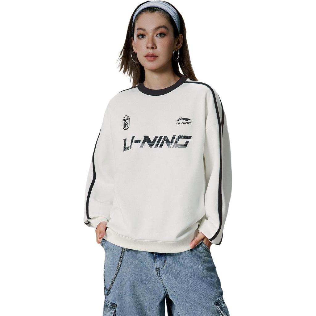 LiNing Bequemes Einfaches Vielseitiges Rundhals-Fleece Lockeres Lässiges Warmes Sweatshirt Unisex Sweatshirt Off-White AWDVC87-1