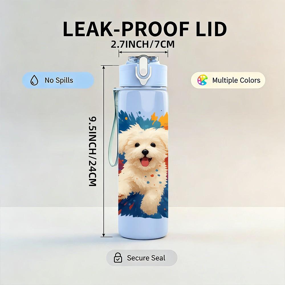 1PC White Puppy Color Splash Art 750ml Color Plastic Sports Water Bottle Leakproof Flip Straw Lid For Sports Office Home Use