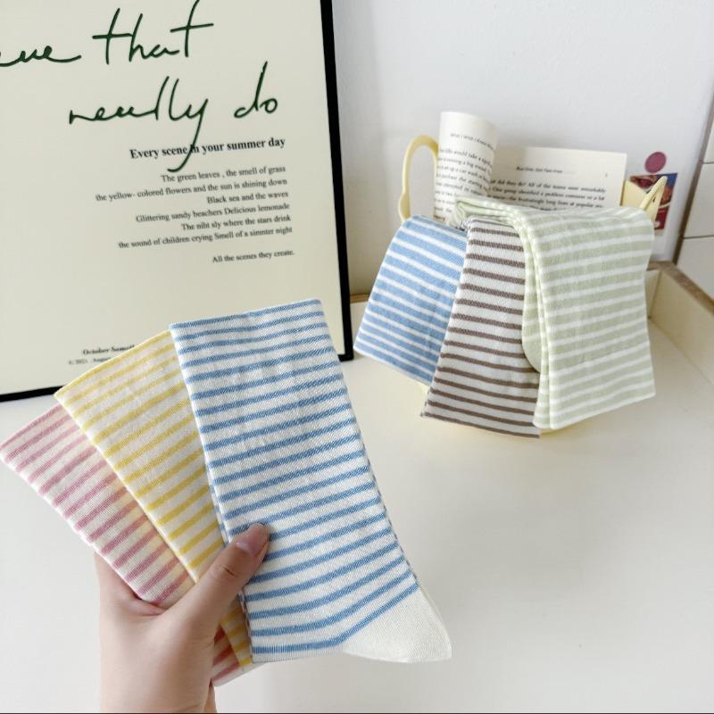Striped Solid-color Postpartum Socks, Women's Mid-calf Socks, Spring and Autumn Trendy Versatile Cotton Socks, Loose-fitting Long Socks