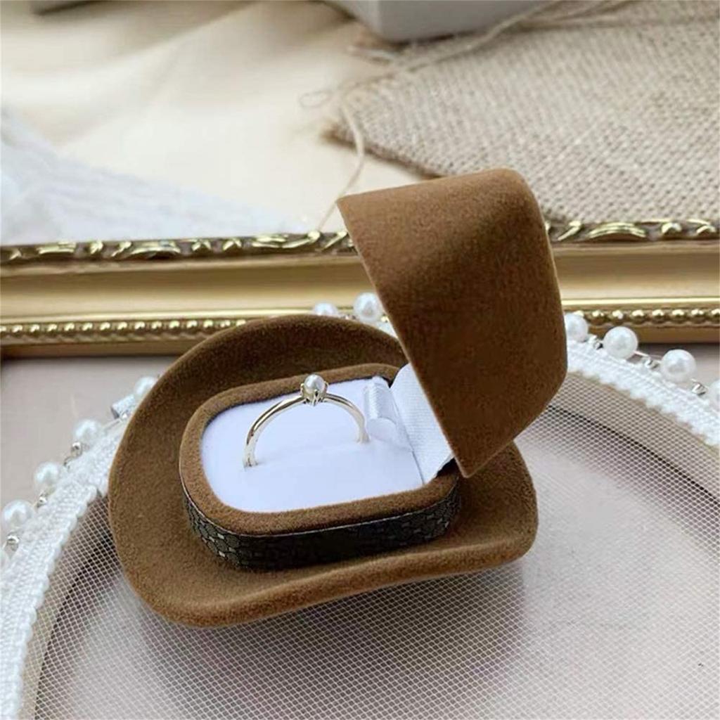 Kreative Cowboy-Hut-Form-Ring-Box, Samt, braun, Schmuck-Display, Aufbewahrungskoffer, Ringe-Halter