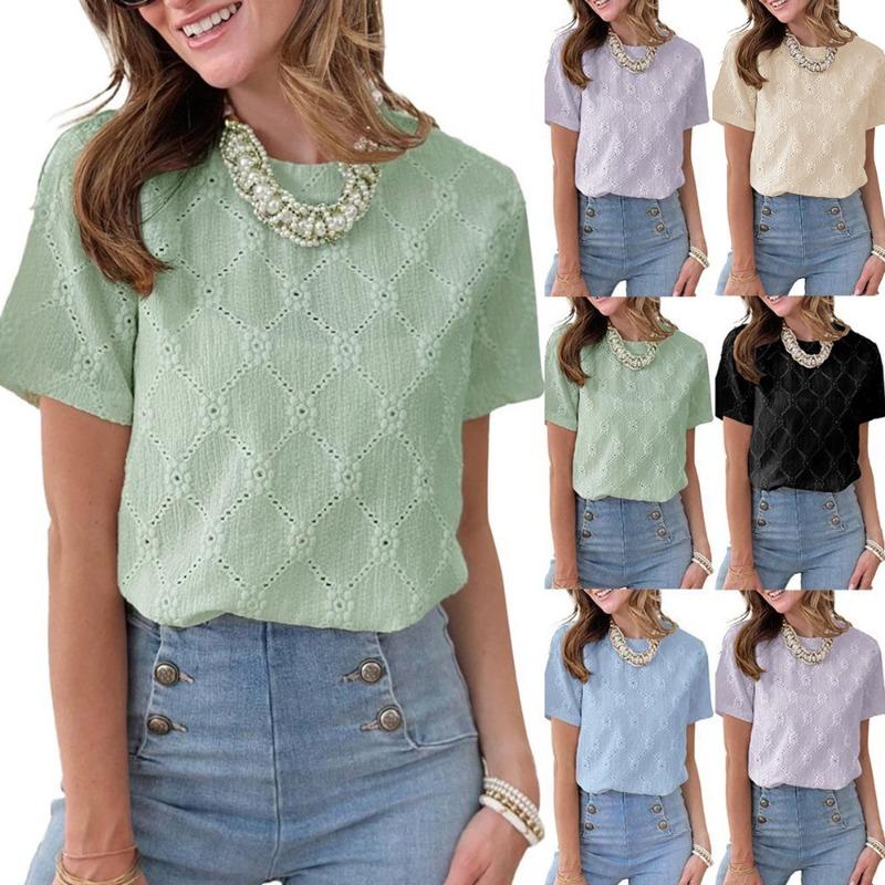 

Summer Round Neck Short Sleeved Imitation Embroidery Flower Jacquard Top T-shirt for Women Shirt S чорний