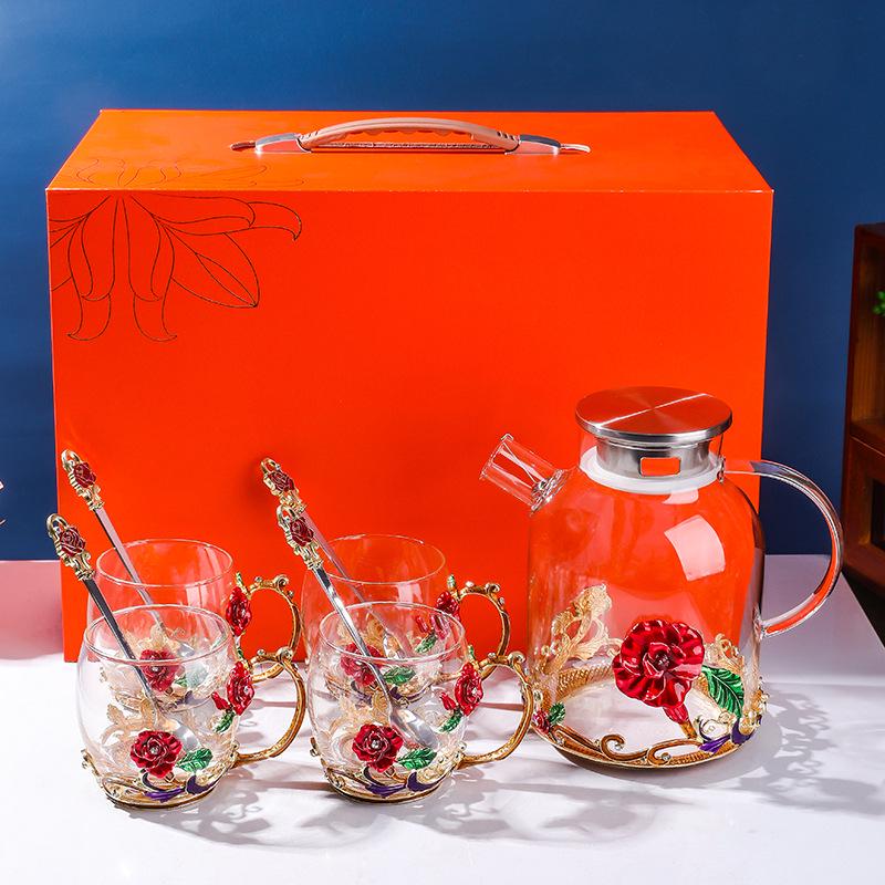 Colored Enamel Flower Glass Tea and Coffee Cup Set for Home and Office