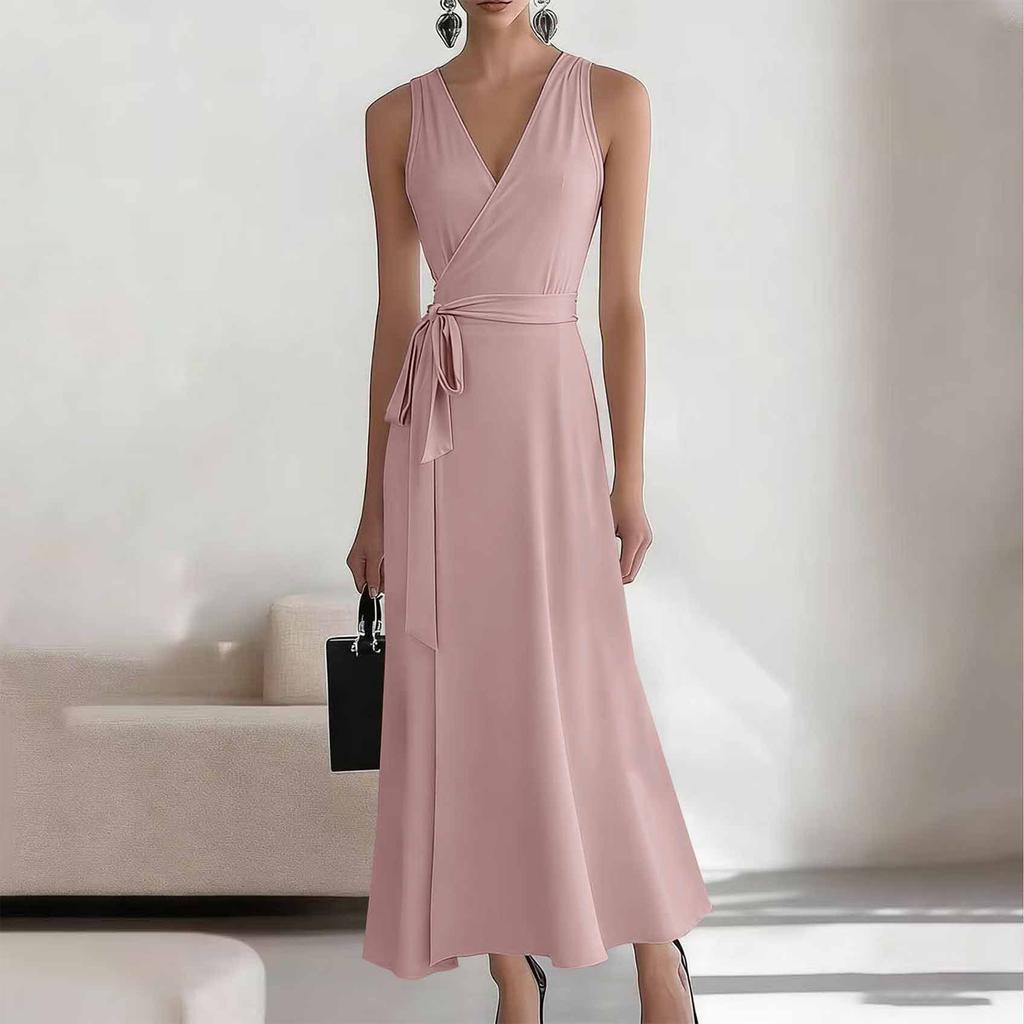 Women's Fashionable Color V-neck Lace Sleeveless Long Casual Dress