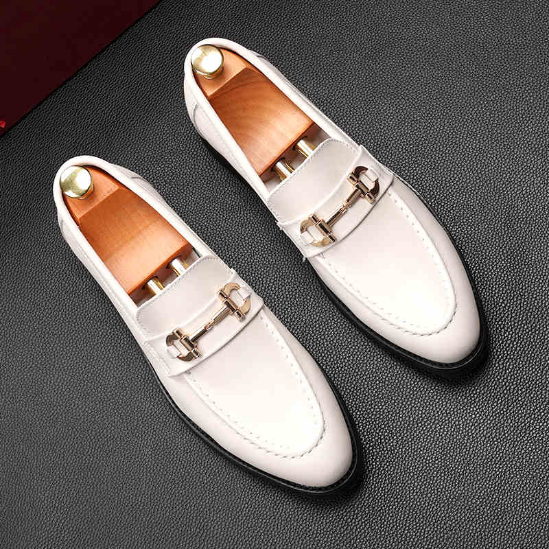 Novedad Zapatos de Vestir de Boda para Hombre con Botón de Metal Blanco Negro Zapatos Planos Casuales para Hombre Mocasines para Regreso a Casa Baile Zapatillas Hombre