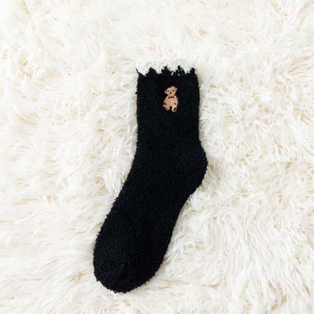 

Вышивка Медведь Однотонные Гольфы до середины голени для девочек Носки из кораллового флиса Милые носки для дома Женский трикотаж чёрный