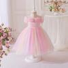 Girls' Sweet Princess Dress with Pink-Yellow Gradient Mesh for Summer Birthday Party