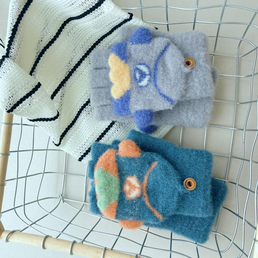 8-15 years old children's gloves cute cartoon cold-proof boys and girls knitted wool half-finger autumn and winter flip cover medium and old children