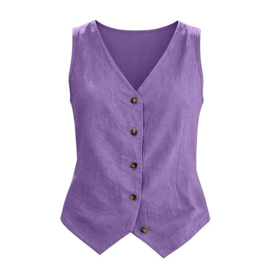 Linen Vest Tops for Women, V-Neck Sleeveless Button Down Tank Tops, Vintage Style Wrinkle-Resistant Casual Tops for Office Party Wear S фиолетовый