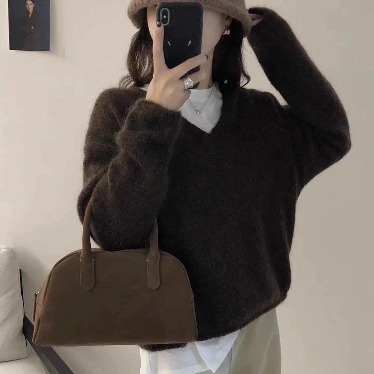 Women's V-Neck Knitted Sweater - Early Autumn, Versatile, Loose Fit, Solid Color