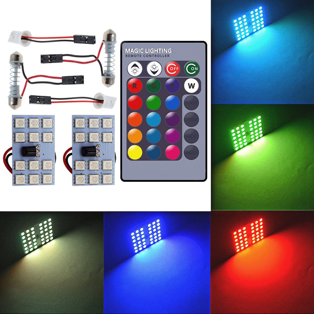 T10 RGB 12Led 15Led 24Led 36Led Car Led Remote Control Rgb Car Led Panel Interior Auto Lights Reading Dome Festoon BA9S Adapter DC 12v Light