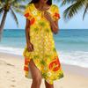 Women's Casual Short Sleeve Dress with Lobster and Beer Print Relaxed Fit Round Neck Mid-Length Summer Dress with Side Slit