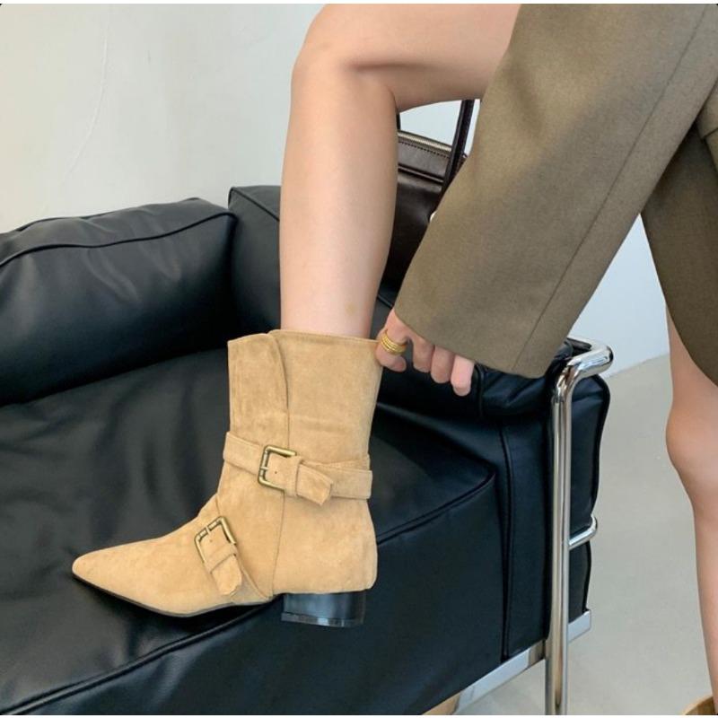 Fashion Pointed Toe Chunky Woman Ankle Boots Suede Fashion Designer Buckle Walking Shoes 2025 Trend Winter Retro Western Cowboy Booties