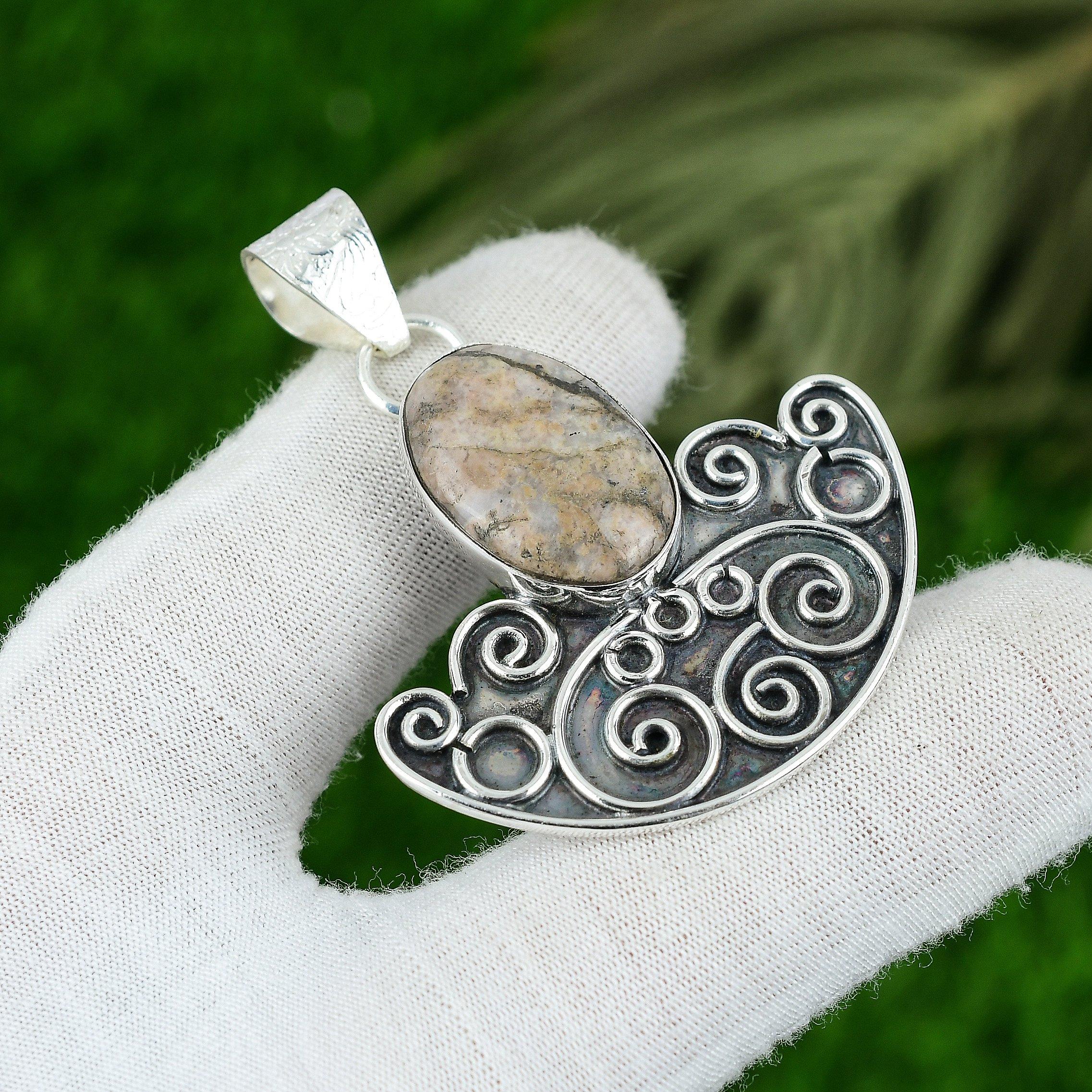 

Oval Picture Jasper Stone 925 Silver Handmade Wife Elegant Bezel Pendant Jewelry