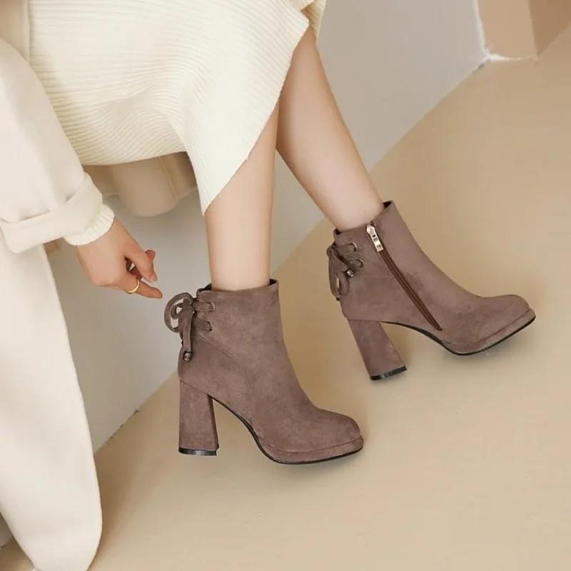 Booties Women Fall Winter 2025 New Round Toe Bow Side Zipper British Style Platform Heels