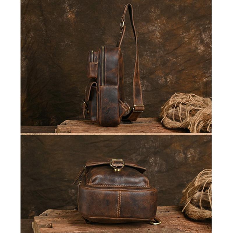 2025 Men's Crazy Horse Cowhide Chest Bag Large Capacity Retro Versatile Shoulder Messenger Bag Durable Leisure Travel Pouch for Outdoor Daily Use