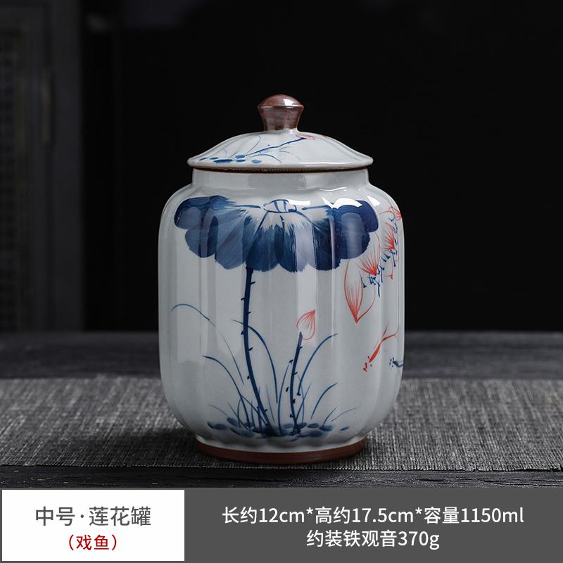 GeYao Hand-painted Lotus High-grade Tea Canister Ceramic Large Pu er Black Tea Sealed Moisture Household Decorative Gift