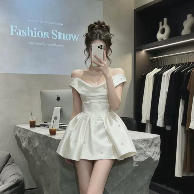 French Daughter One-word Shoulder Dress Women's Summer New Waist Display Design Small A-word Skirt