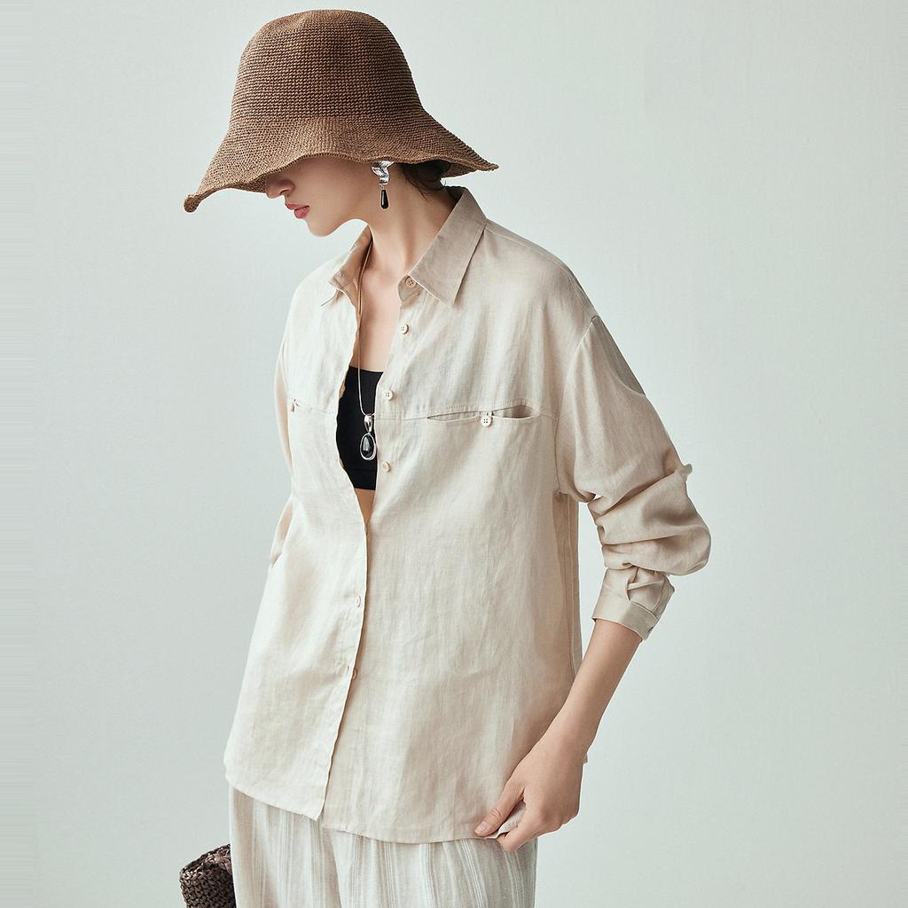 100% linen] 26 summer collar retro loose and comfortable casual long sleeved shirt for women