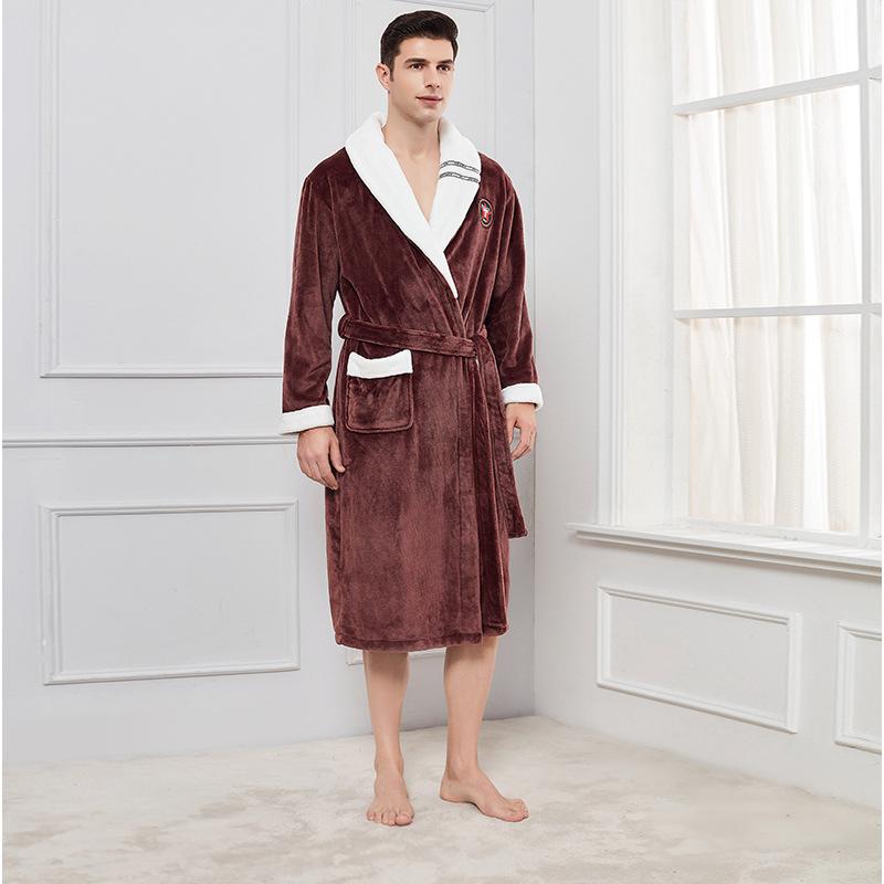 Autumn Winter Nightdress Men Casual Coral Fleece Sleepwear Warm Home Wear Flannel Belt Pyjamas Kimono Bathrobe Gown