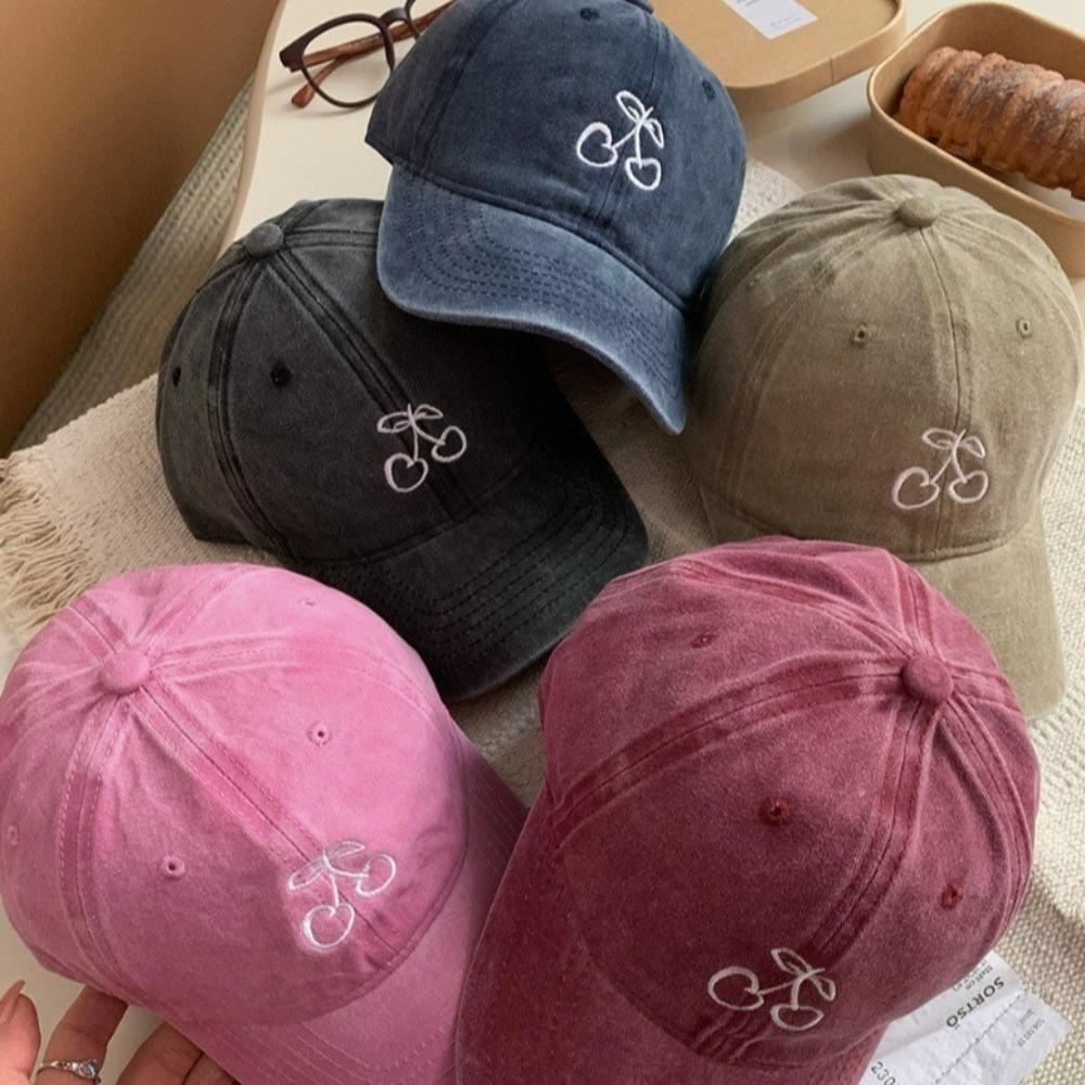 Solid Color Peaked Cap Embroidered Sunscreen Sun Hat Sweet Cherry Baseball Cap  Camping