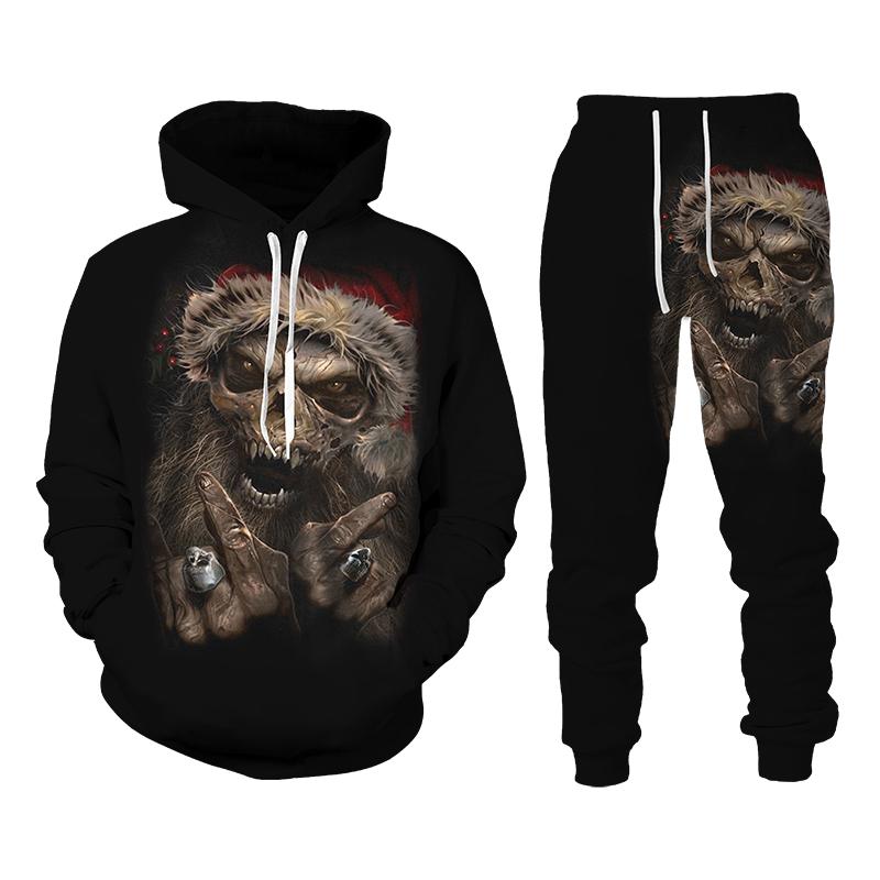 Vintage Gothic Skull Pattern 3D Print Men Tracksuit Sets Casual Hoodie+Pants 2pcs Sets Oversized Sweatshirt Trend Men Clothing