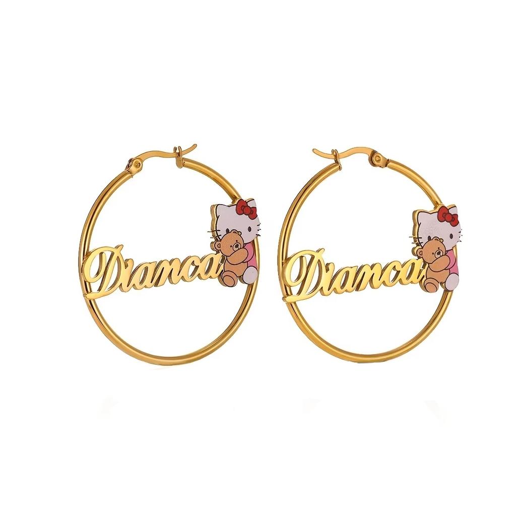 DuoYing 50mm Hoop Earrings Personalized Name Stainless Steel Cartoon Jewelry Earring Custom Name a Festive Gift for a Lady