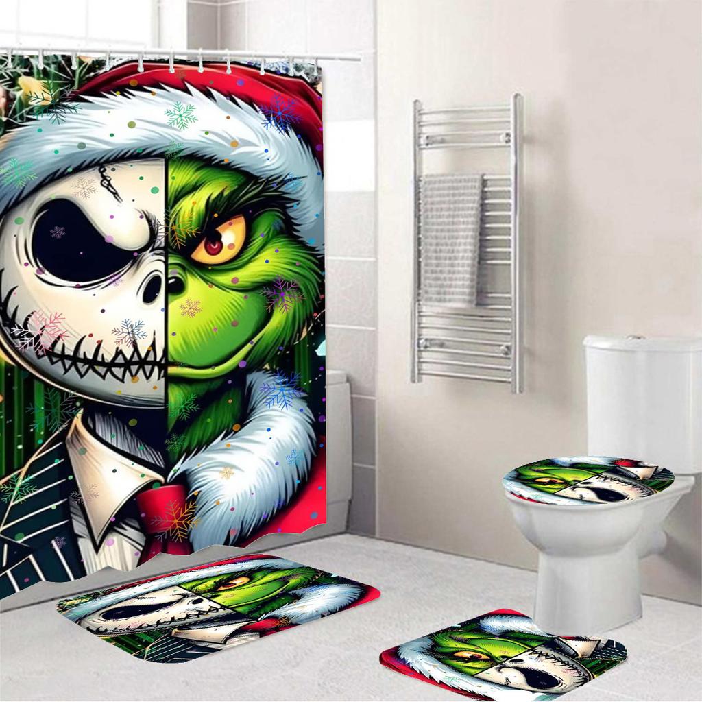 Temu Bathroom Three-Piece Set, Green-Haired Grinch Pattern Bathroom Non-Slip Mat, U-Pad And Shower Curtain Set