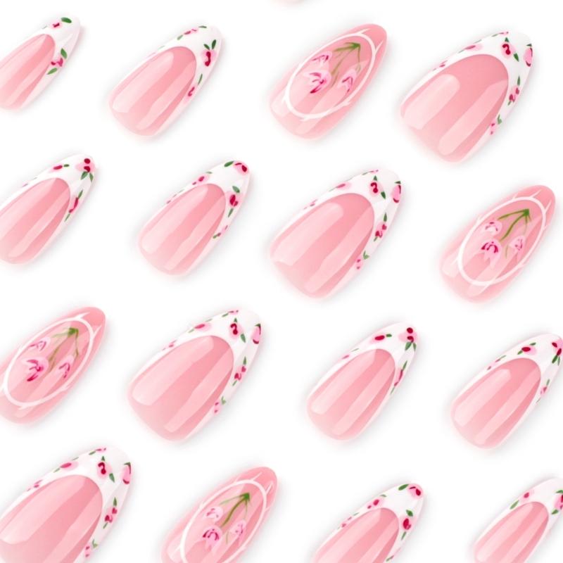 24 Pcs Almond Shape Press On Nail French Tip Acrylic False Nail Glossy Artificial Nail Flowers Stick On Nail for Party