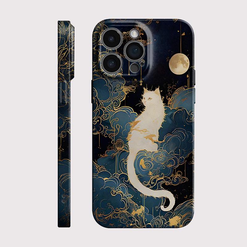 Luxury Moon Cat Glossy Film Hard PC Phone Case for Oppo A6 A5 A78 A3 A3X A60 A74 A38 A58 A96 A57 A76 A36 A17 A16e A55 Pro 4G 5G