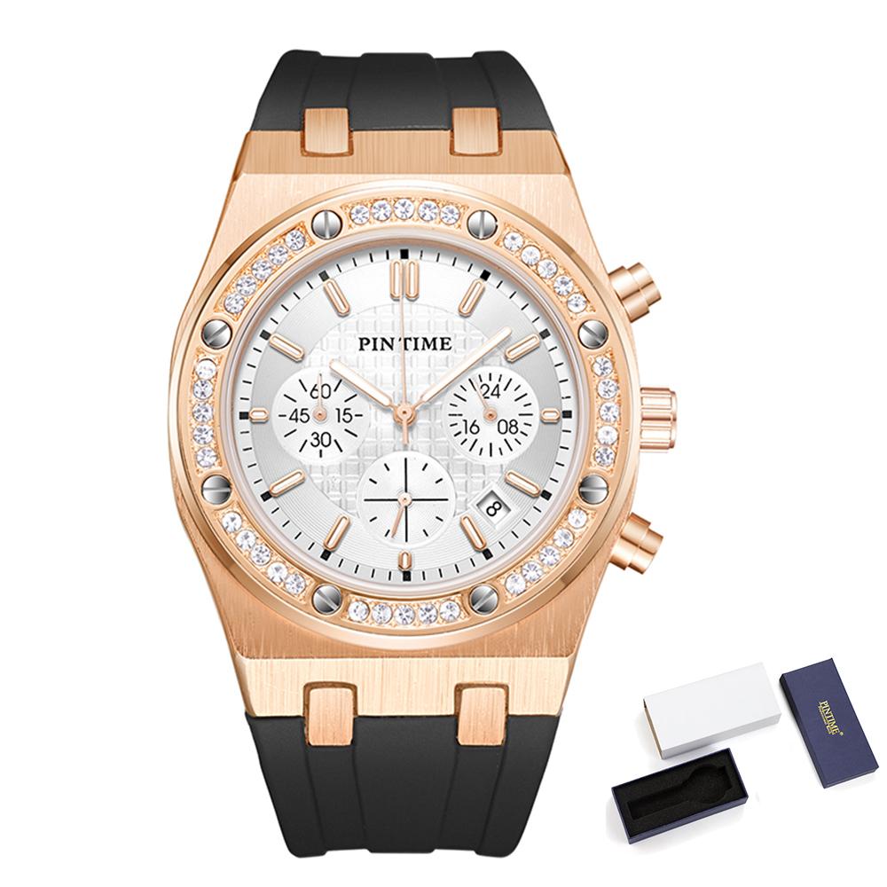 Casuals Watch for Men Diamond Iced Bezel Fashion Quartz Wristwatch Sports Silicone Band Waterproof 30m Chronograph Reloj Hombre