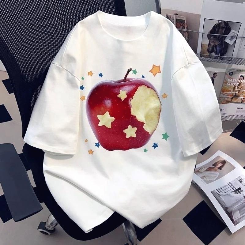 Womens Summer New ShortSleeve Tops Red Apple and Star Printed Casual Female TShirt Top Women Vintage Breathable Clothes S